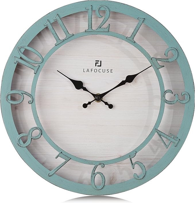 Lafocuse 12 Inch Silent Teal Wall Clocks Battery Operated, Farmhouse Wall Clock for Kitchen Living Room, Rustic Home Décor
