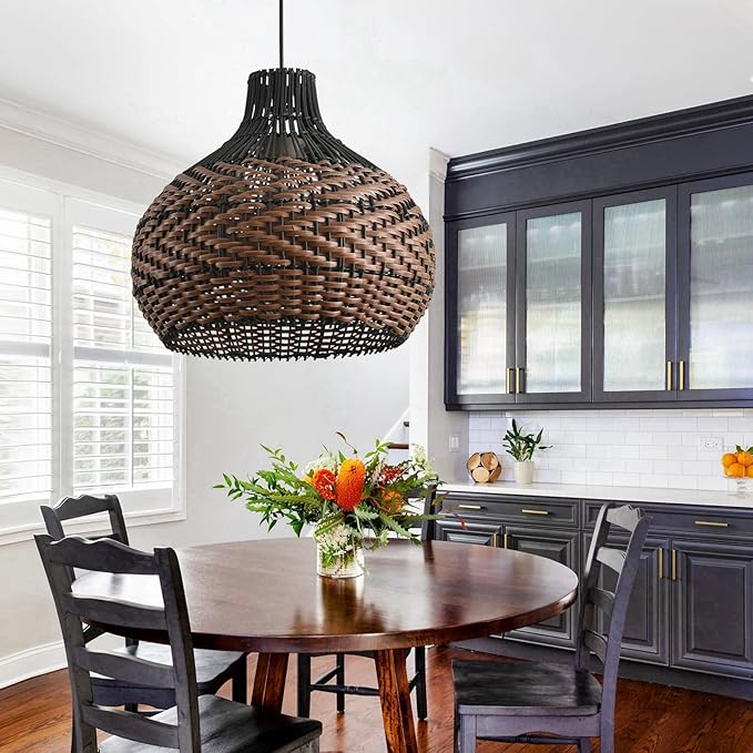 3-Light Rattan Pendant Light,15" Hand-Woven Black Brown Faux Rattan Hanging Light Boho 1-Pack Wicker Basket Chandelier,for Living Room Bedroom Kitchen Dining Farmhouse