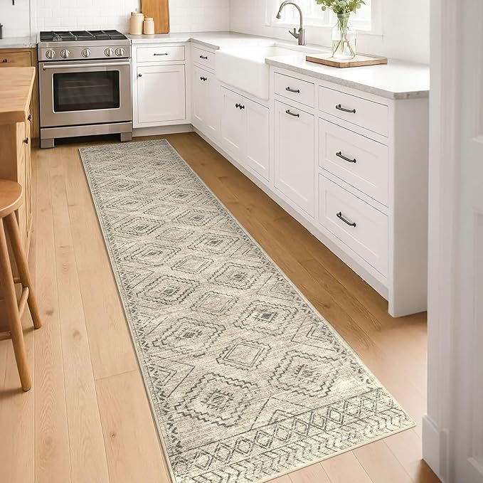 KILOCOCO Hallway Runner Rug 2'x8' Runners for Hallways Washable Runner Rug Non Slip Rubber Backed Low-Pile Runners for Bedroom Kitchen Living Room Laundry Room Boho Rugs, Beige/Gray/Green