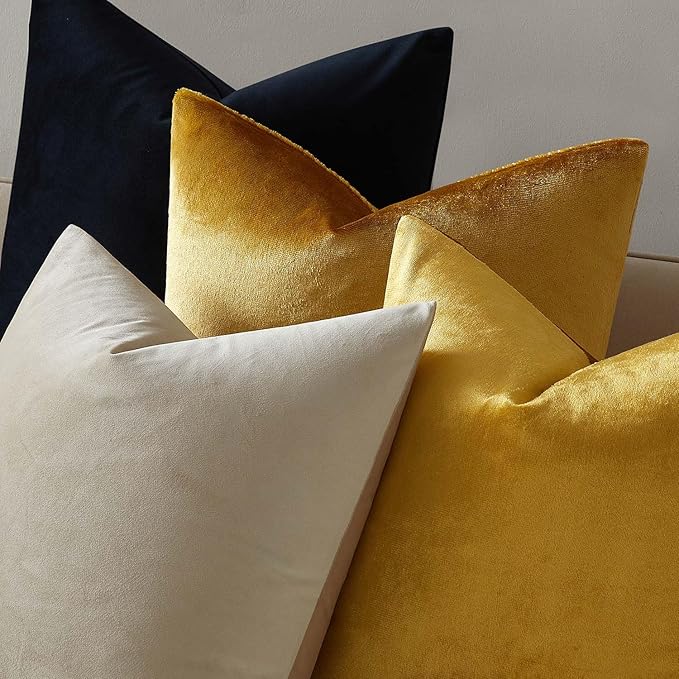 JUSPURBET Golden Velvet Throw Pillow Covers 14x14 Set of 2 for Living Room Couch Sofa Bedroom Decorative Square Solid Soft Cushion Cases with Invisible Zipper