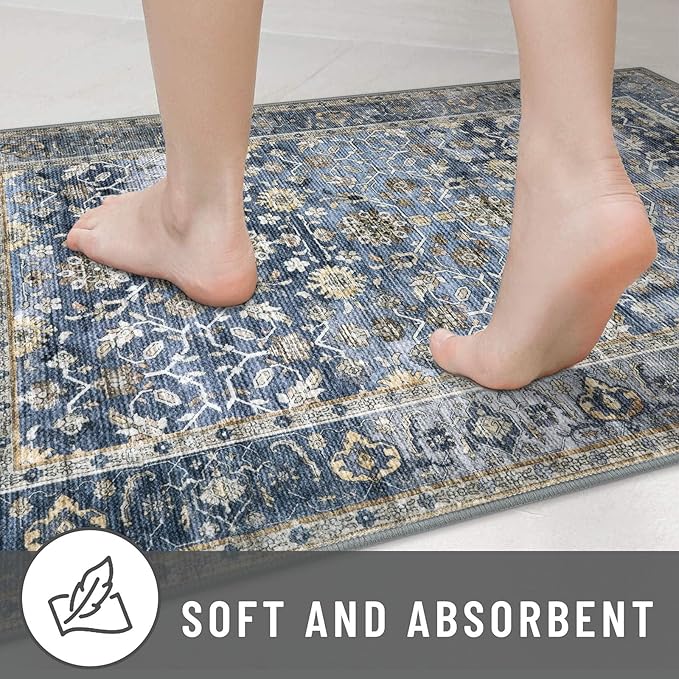 KUTA Runners for Hallways 2x5 ft, Vintage Floral Rug Non-Slip Washable Kitchen Rugs Blue Grey Beige Ultra Thin Soft Printed Distressed Flower Carpet Entryway Rugs for Bedroom Laundry Nursery