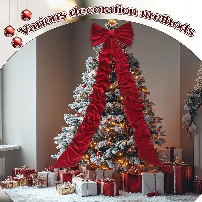 Christmas Tree Topper Bow 90x18 Inch Giant Large Velvet Bow with Long Streamers Huge Decorative Wrapping Gift Decor for Xmas Tree Front Door Patio Outdoor Wedding Arch(Burgundy)