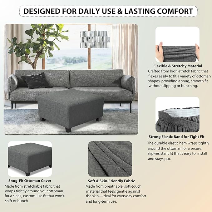 Square Ottoman Cover,Soft Stretch Jacquard Slipcover with Dual Waterproof Layers,Washable Furniture Protector for Pets,Medium,Light Gray