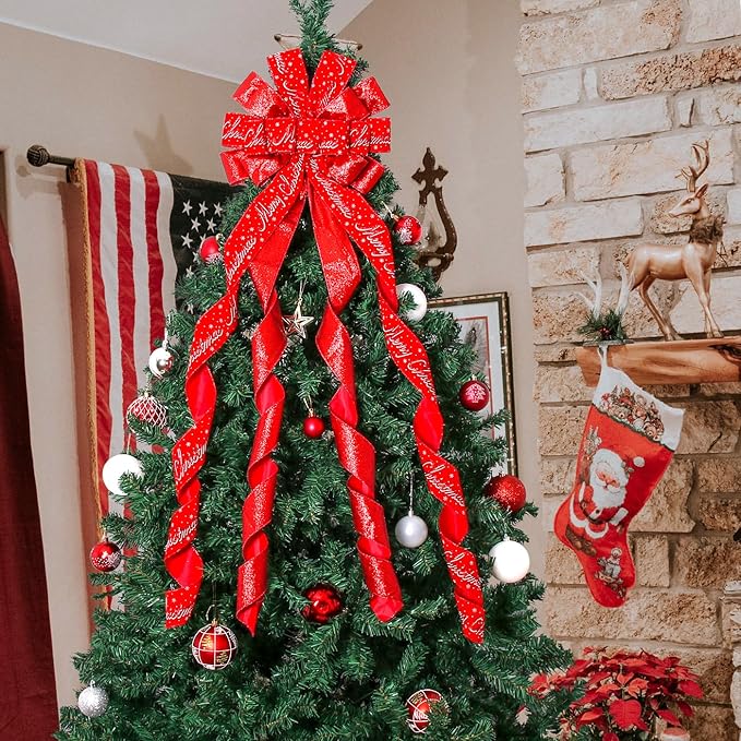 Christmas Tree Topper Christmas Wreath Bow, 52 * 13 inches Tree Toppers Bow with Letter Patterned Ribbon for Xmas Tree Christmas Rustic Farmhouse Home Holiday Party Decorations Red