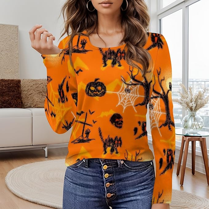 Halloween Sweatshirt Ghost Graphic U-Neck Sweatshirt Long Sleeve Breathable Plus Size Halloween Pullover Best Gift