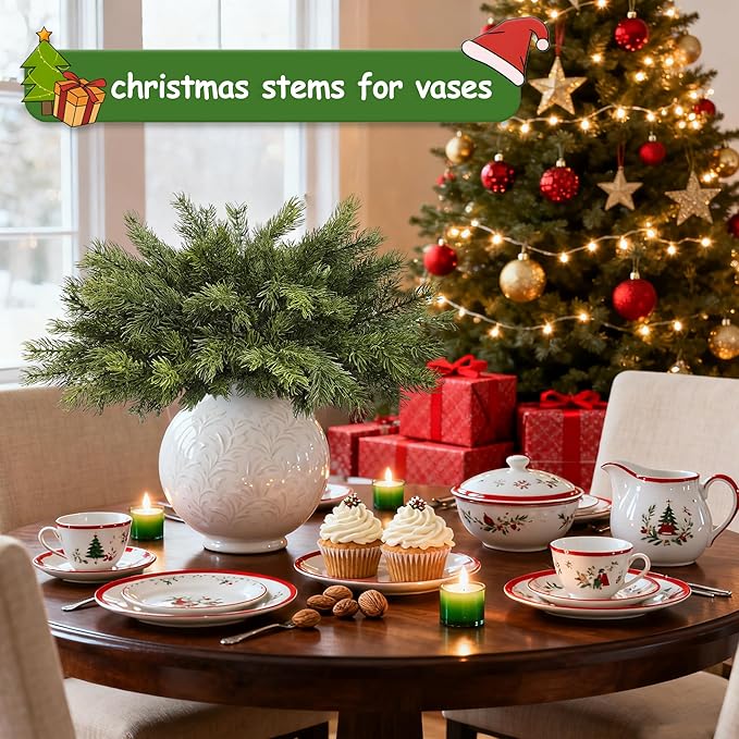 Artgar 12 Pcs Christmas Pine Branches – 18" Realistic Artificial Greenery Pine Stems - Real Touch Faux Cedar Picks for Vase, DIY Garland Wreath Home Indoor Outdoor Xmas Decorations