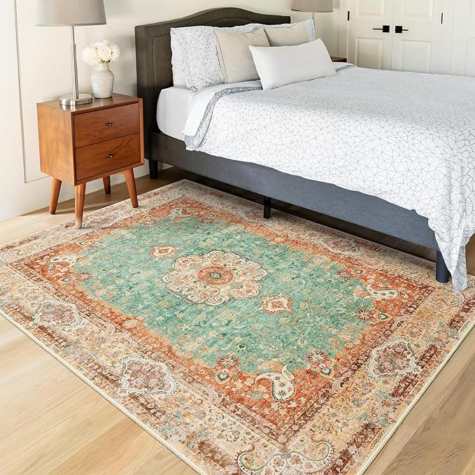 Boho Rug 3x5,Washable Area Rugs for Bedroom Living Room Kitchen Entryway,Small Boho Vintage Bohemian Distressed Farmhouse Non Slip Carpet,Retro Orange Green Floral