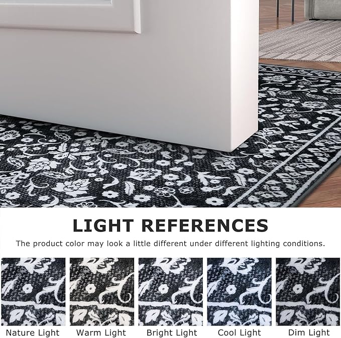 Vintage Entryway Rug Indoor, Black White Washable Rug 2x3, Small Area Rug with Non-Slip Backing, Floral Print, Thin Faux Wool Super Soft Door Mat for Kitchen, Entrance, Bedroom, Office