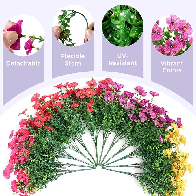 12 Bundles Artificial Flowers for Outdoors Decorations, Spring Summer Multicolor Realistic Faux Silk Daisy, UV Resistant Fake Flowers for Patio Home Decor Garden Planter Window Box Yard