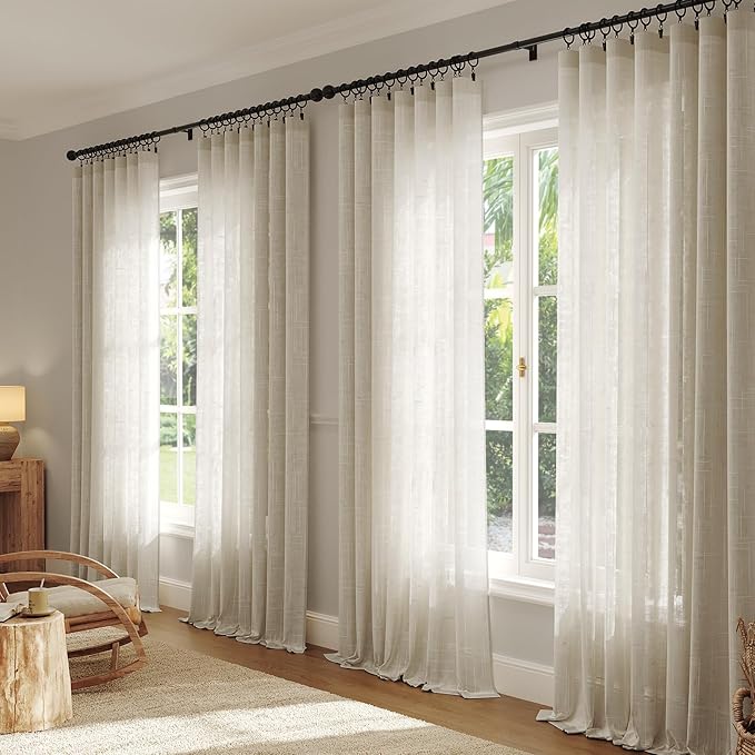 Anmao Natural Linen Curtains for Living Room 63 Inch Length 2 Panels Set, Light Filtering Semi Sheer Window Curtain Drapes for Bedroom with Curtain Rings and Clips, 52 Inch Wide Each Panel, Linen