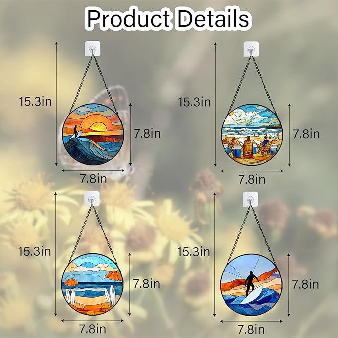 Stained Glass Window Hanging 4 Pcs Set Blue Ocean Surfing Beach 7.8" - Suncatcher Door Garden Sun Catcher Decor Birthday Mother's Day for Firefighte Men Woman Nana Mom