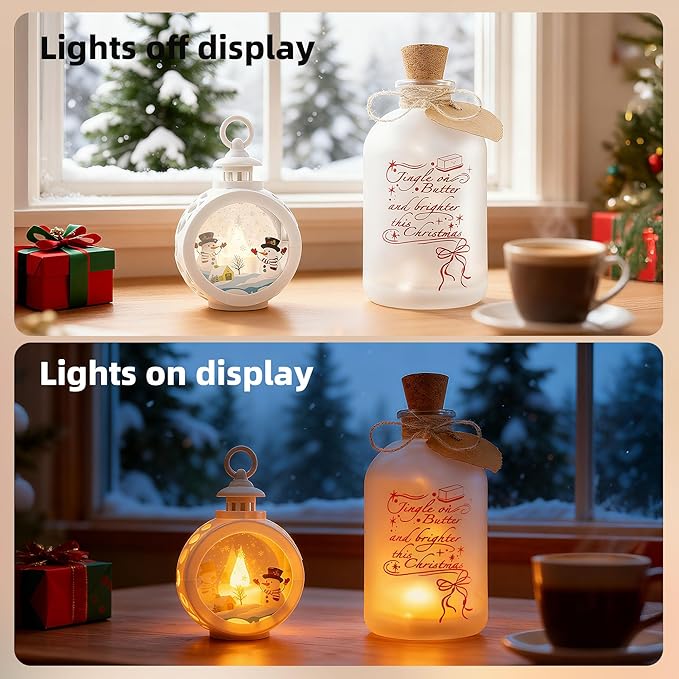 Christmas Night Light, 17.5oz Mason Jar Lantern with LED Light Ornament, 2-in-1 Christmas Decorations for Home, Birthday Gift for Women and Friend, Festive Home Decor