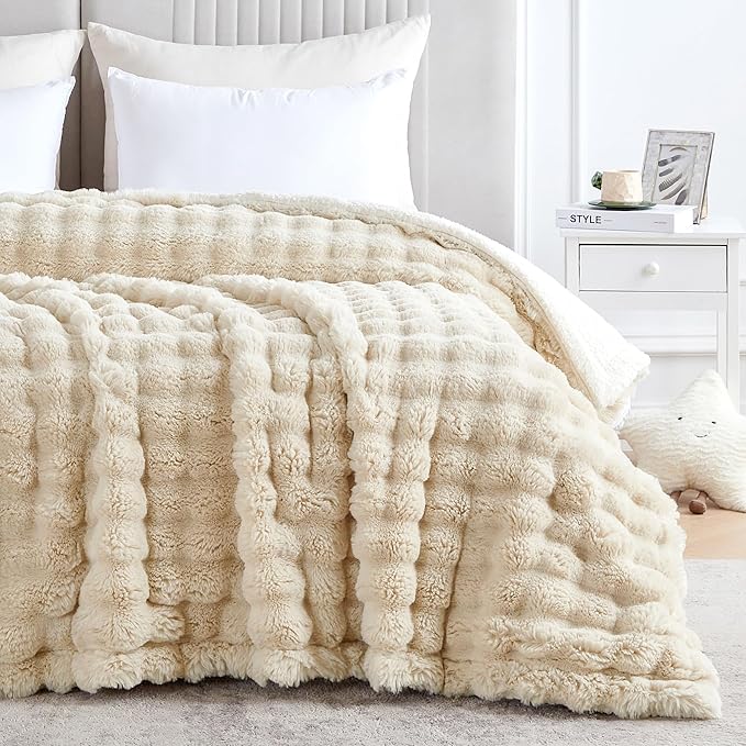 50x60 Inches Ultra-Soft Fuzzy Faux Fur Plush Throw Blanket - Thick, Warm Sherpa for Couch, Sofa, Bedroom, Camping - Decorative Blanket for Cozy Warmth, Bubble Khaki