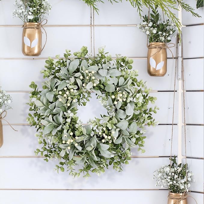 26 Inch Large Lambs Ear Wreaths for Front Door Spring Summer Lambs Leaves with White Berries, Artificial Greenery for Farmhouse Porch Wall Living Room Home Widding Decor for All Seasons Wreaths