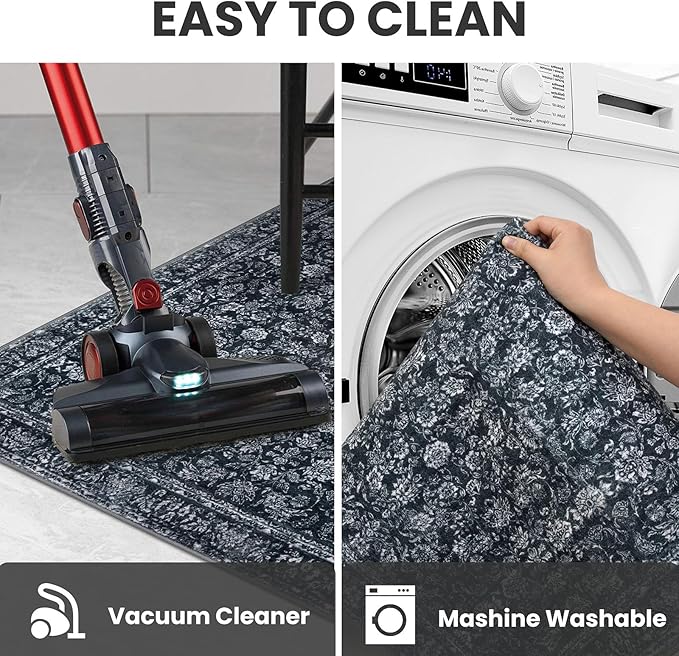 2x8 Washable Runner Rug for Hallways, Black Soft Classic Kitchen Rugs with Non-Slip, Non-Shedding Distressed Floral Carpet for Hallways Entryway Bedroom Bathroom Laundry Indoor