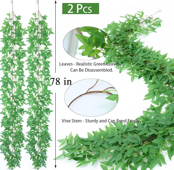 mizii 2 Strands Artificial Vines Nandina Garland 78" Fake Vine with Silk Green Leaves Faux Hanging Plants Greenery Decorations for Bedroom Table Centerpieces Wall Party Wedding Room Decor (Nandina)