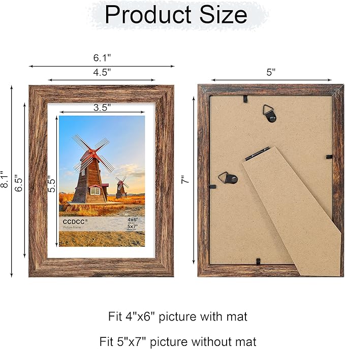 5x7 Picture Frame Set of 2, 5 x 7 Wood Photo Frames with Mat for 4x6, Natural Wooden Frame with Real Glass Cover for Wall and Tabletop Display,Rustic Brown
