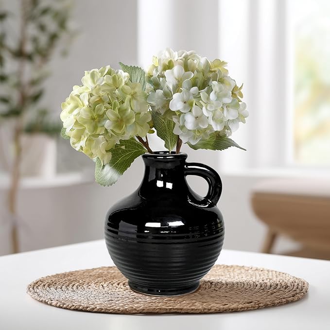 Sunddo Black Ceramic Vases Home Décor- 6 Inch Small Modern Decorative Vase with Handle, Black Decor, Table Mantle Fireplace Living Room Bathroom Wedding Centerpiece