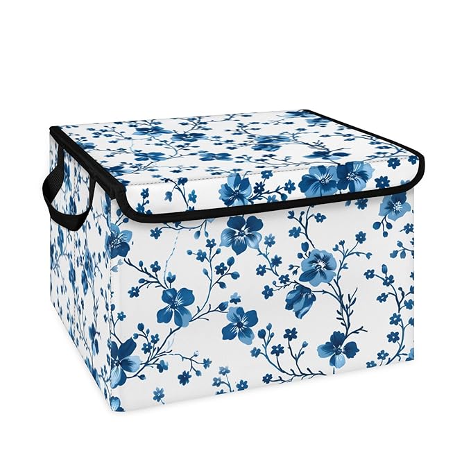 Closet Storage Bins with Lids, Blue Plum Flowers Storage Baskets for Organizing, Large Cube Box Closet Organizers with Handles, Home Office Decorative Wardrobe Boxes for Organization (27 Quart)