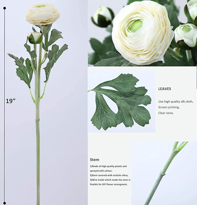 Artificial Ranunculus Flowers with Real Touch Stem, Silk Ranunculus Flowers (6 Pack) (White)