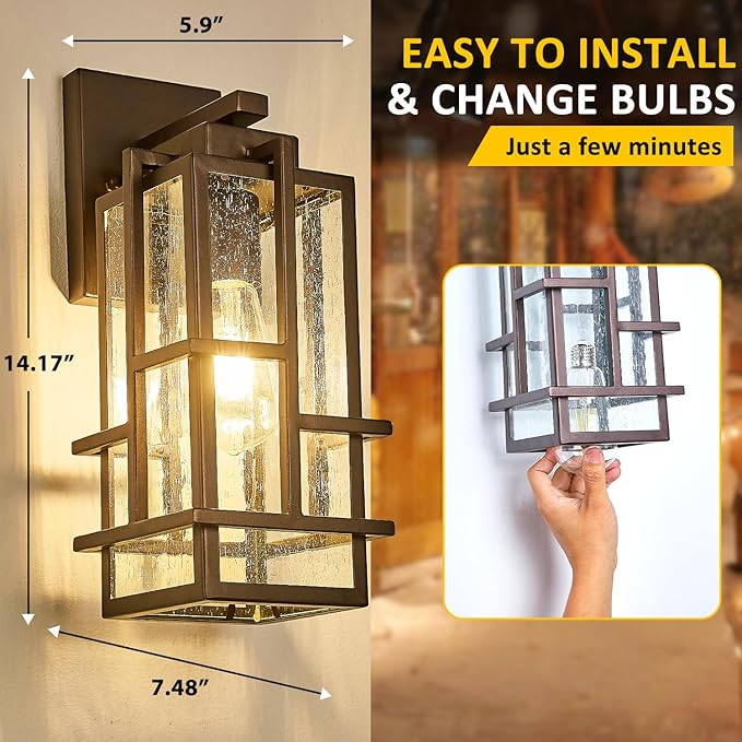 Outdoor Wall Light Fixture with Seeded Tempered Glass, Waterproof Outside Wall Coach Lantern with E26 Sockets, Brown Large Porch Sconces Lamp for House, Patio, Garage
