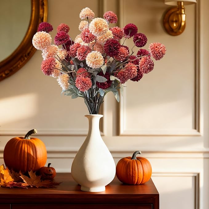 12pcs Fake Silk Pompon Mum Artificial Flowers, Fake Fall Flowers for Vase, 21" Faux Kiku Flowers Mini Chrysanthemums, Autumn Floral Stems Assorted Silk Mums Balls for Wedding Centerpieces Home Decor