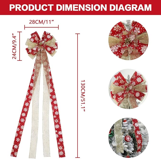 Christmas Tree Topper, Bow Large Christmas Bow Tree Topper, for Xmas Ornament Holiday Home Wedding Thanksgiving Indoor/Outdoor Decoration (Red Gold)
