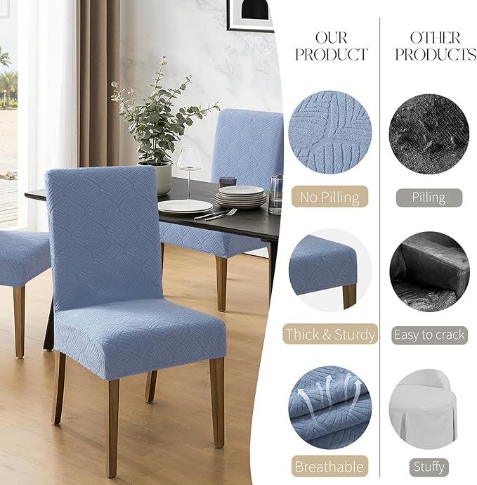 MOSAYT 100% Waterproof Dining Room Chair Covers Set of 6, Super Fit Stretch Jacquard Parson Chairs Slipcovers Removable Washable Chair Seat Protectors for Home, Kitchen, Banquet (Light Blue)