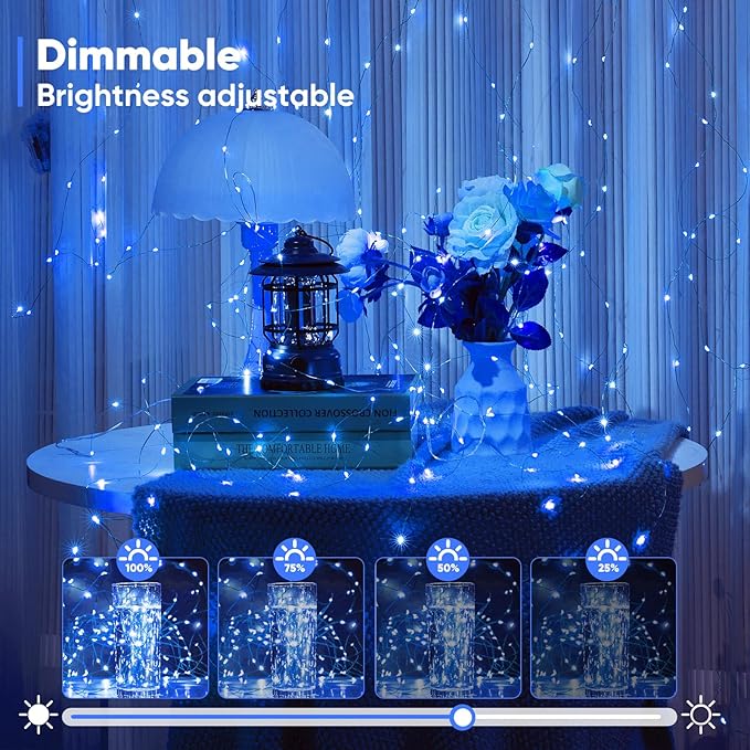 4 Pack 32.8 Ft. Battery Operated Outdoor String Lights with Remote & Timer, LED Blue Fairy Lights, Waterproof Twinkle Lights for Bedroom, Dorm, Mason Jar, Wedding, Party, Christmas
