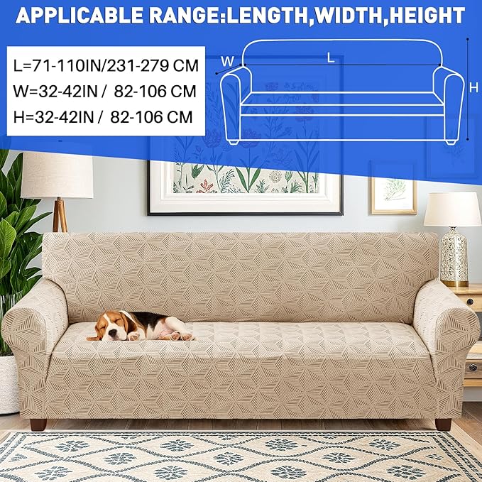 YEMYHOM 1 Piece Stretch Oversized Couch Covers for 4 Seat, Jacquard Extra Large Sofa Cover with Non-Slip Elastic Bottom, Thickened Slipcover Furniture Protector for Dogs Pets (X-Large, Khaki）