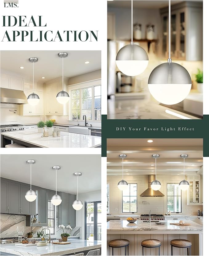 LMS 6-inch Brushed Nickel Pendant Light, Mid Century Kitchen Island Pendant Light Fixtures with White Globe Glass, Adjustable Hanging Light for Dining Room Bedroom Bathroom, LMS-186BNS