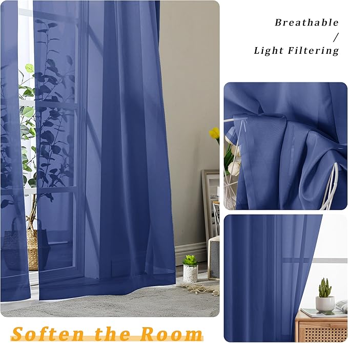 Gwine Royal Blue Sheer Kitchen Curtains 36 Inch Length, Light Filtering Voile Soft Airy Small Cafe Curtains, Short Window Curtain for Bathroom Basement, 42x36 inch, 2PCS