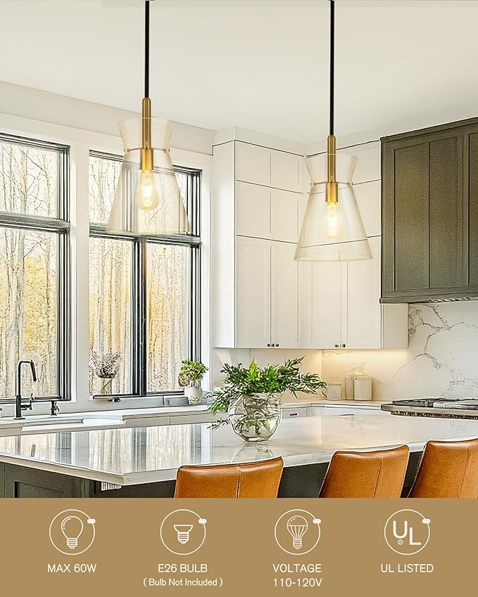 Emak Modern 9 Inch Black and Gold Pendant Lights Kitchen Island, 2 Pack Large Pendant Light with Clear Glass Shade, Farmhouse Island Lights for for Kitchen, Dining Room, Bathroom, PL130-BKBGD-CG-2PK