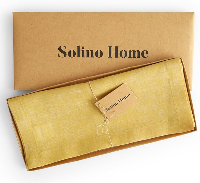 Solino Home Linen Small Table Runner 36 Inches - Athena, 100% Pure Linen Chambray Lemon Yellow Table Runner 14 x 36 Inch Ideal for Dresser and Coffee Tables, Spring, Easter