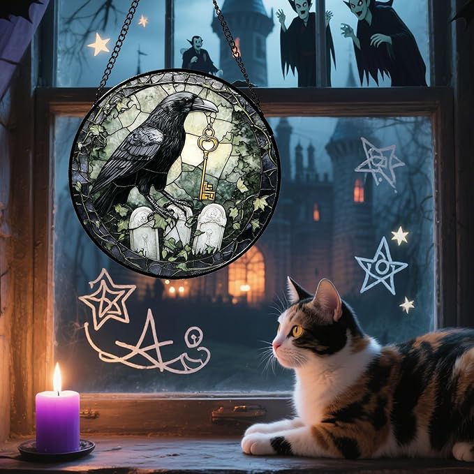 Stained Glass Window Hanging - Halloween Crow White Tombstone Suncatcher for Doors Garden Home Spooky Black Green Sun Catchers Gothic Decor Horror Gift for Women Men Friend Boy Girl 11.8 in