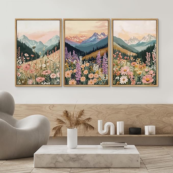 SIGNWIN Framed Canvas Print Wall Art Set Wildflower Meadow with Mountain Sunset Colorful Nature Landscape Illustrations Modern Art Decorative Zen for Living Room, Bedroom, Office - 24"x36"x3 Natural