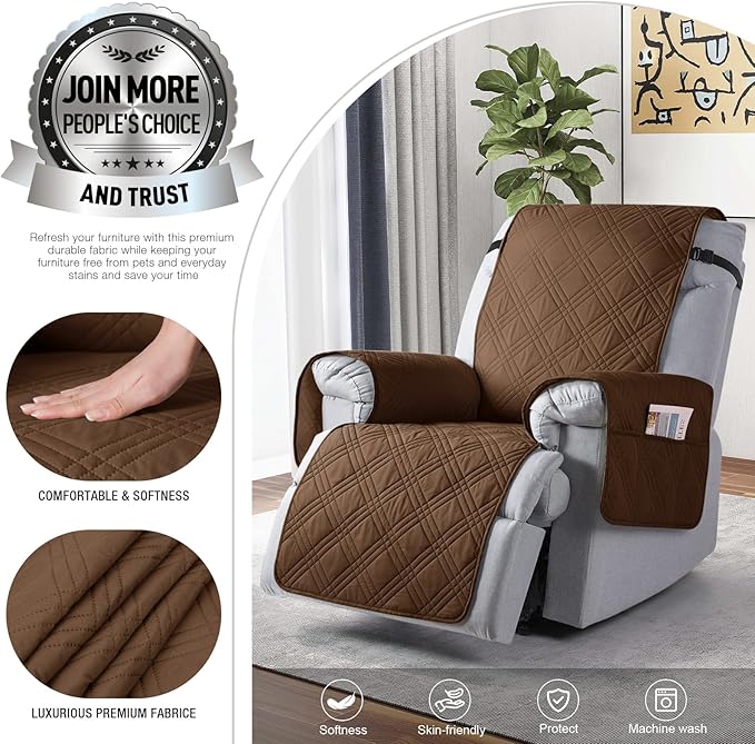 TAOCOCO 100% Waterproof Recliner Chair Covers, Non Slip Recliner Covers for Recliner Chair with Pocket, Washable Reclining Chair Cover Furniture Protector for Kids,Dogs(25'', Brown)