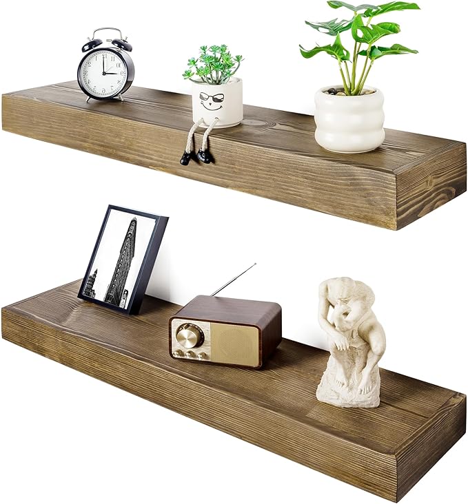 Floating Shelves 3 inch Thick for Wall Set of 2,Solid Pine Wood Wall Mount Shelf for Kitchen Living Room Bedroom Bathroom,8" D x 30" L x 3" H-Black Walnut