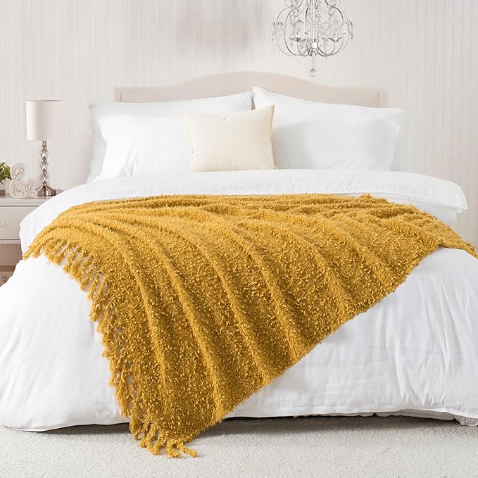 Winter Knit Throw Blanket Fluffy Fuzzy Soft Lightweight Cozy Farmhouse Tassels Chunky Knitted Throws for Couch Sofa Bed (Mustard Yellow, 50"x60")