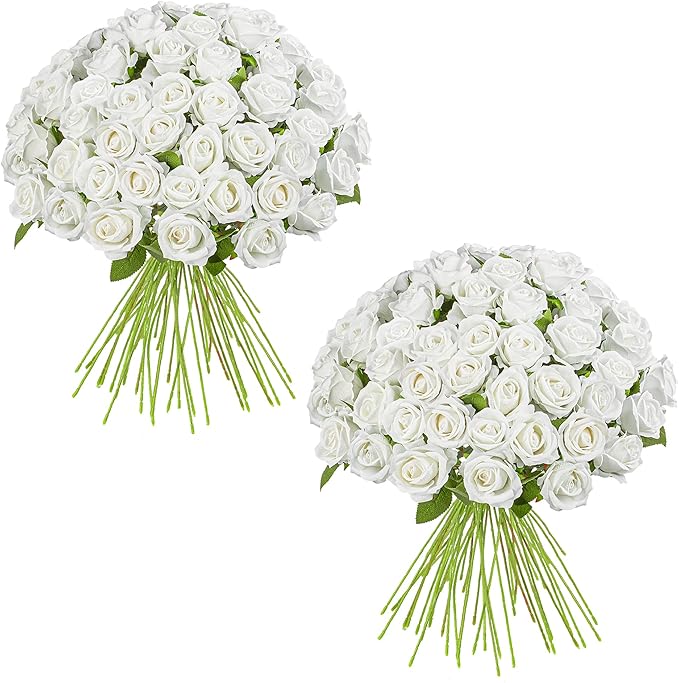 Artificial Flowers Roses Touch Fake Rose Bouquet Flower Stem for Wedding Centerpieces DIY Wreath Home Decorations Silk Roses Mothers Party Fake Outdoor Flowers Decor19.6“ (White 100PCS)