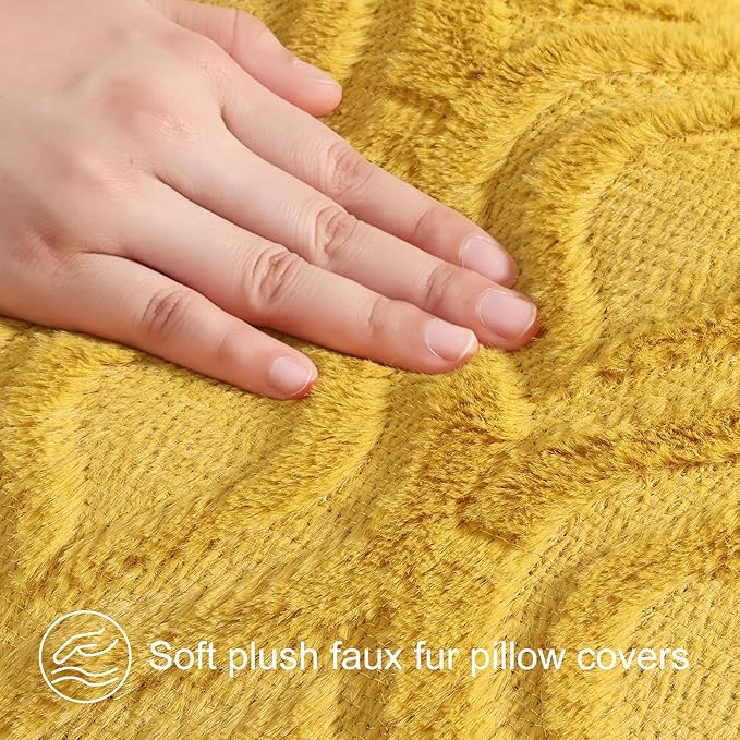 decorUhome Throw Pillow Covers 18x18 Inch Set of 2, Soft Plush Faux Wool Mustard Yellow Solid Couch Pillow Covers, Accent Farmhouse Neutral Square Pillow Cases for Sofa Bed Living Room
