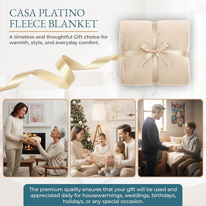 Casa Platino Fleece Throw Blanket – Queen Size 90x90 for Bed, Couch or Sofa – Lightweight and Soft Flannel Blanket for All Season Use – Beige