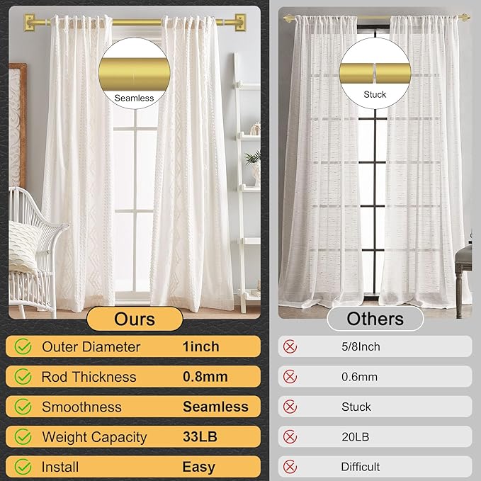 Gold Curtain Rods, Heavy Duty Wrap Around Curtain Rod for Windows 66 to 120 Inch, Adjustable Decorative Blackout Drapery Pole, Modern Room Darkening Rod for Blackout Curtains, Brass