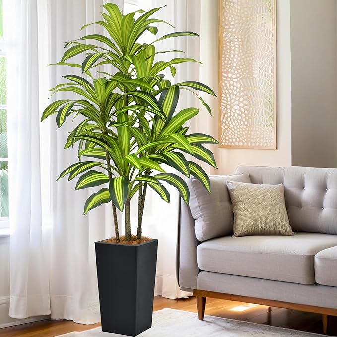 Artificial Dracaena Tree 5FT(60in) Tall Fake Silk Yucca Tree with Black Planter, Faux Floor Potted Artificial Plants for Home Office Living Room Indoor Decor (5feet,Tall Pot)