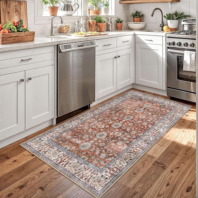 KUTA 3x5 Rugs for Entryway, Vintage Floral Area Rug Washable Non-Slip Terracotta Ultra Thin Soft Printed Distressed Entry Low-Pile Throw Carpet for Bedroom Nursery Living Room