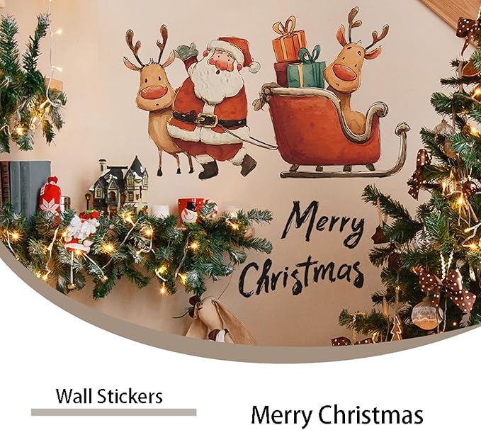 Christmas Wall Stickers Decor- Flower Wall Decals Peel and Stick Xmas Santa, Reindeer, Gifts Removable Wall Art for Home Party Office Classroom Winter Holiday (B)