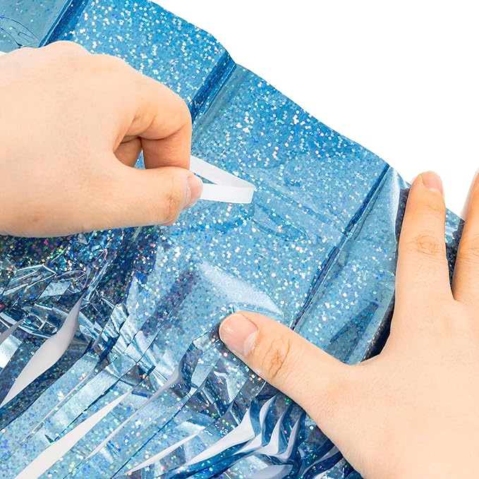 BRAVESHINE Pink Blue Tinsel Foil Fringe Curtains - 2Pcs 3.2x8.2ft Holidays Photo Streamers Backdrop for Christmas/Mermaid/Princess/Easter/Girl or Boy Birthdays/Bridal Shower Party Supplies Decorations