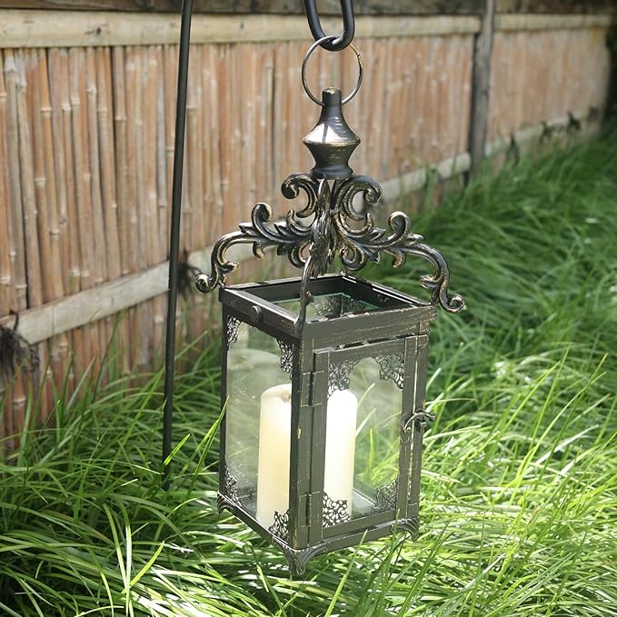 DECORKEY Candle Lantern Decorative Indoor & Outdoor, Large Vintage Metal Hanging/Tabletop Lanterns for Patio, Front Porch, Rustic Home Decor, Candle Holders for Christmas Decorations (Bronze)
