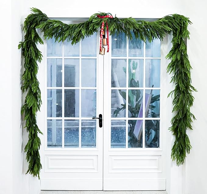 2 Pcs 9 Ft Christmas Garland Real Touch Norfolk Pine Garland Christmas Decorations Realistic Greenery Winter Pine Garland for Mantle, Table, Stairs, Fireplace Indoor Outdoor Home Holiday Xmas Decor