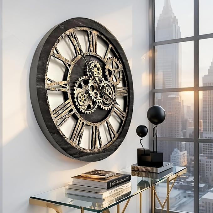 ImprovingLife The Gears Clock The Original Real Moving Gear Wall Clock Vintage Industrial Oversized Rustic Farmhouse (24 inch (60cm), Vintage Black Wood and Bronze)